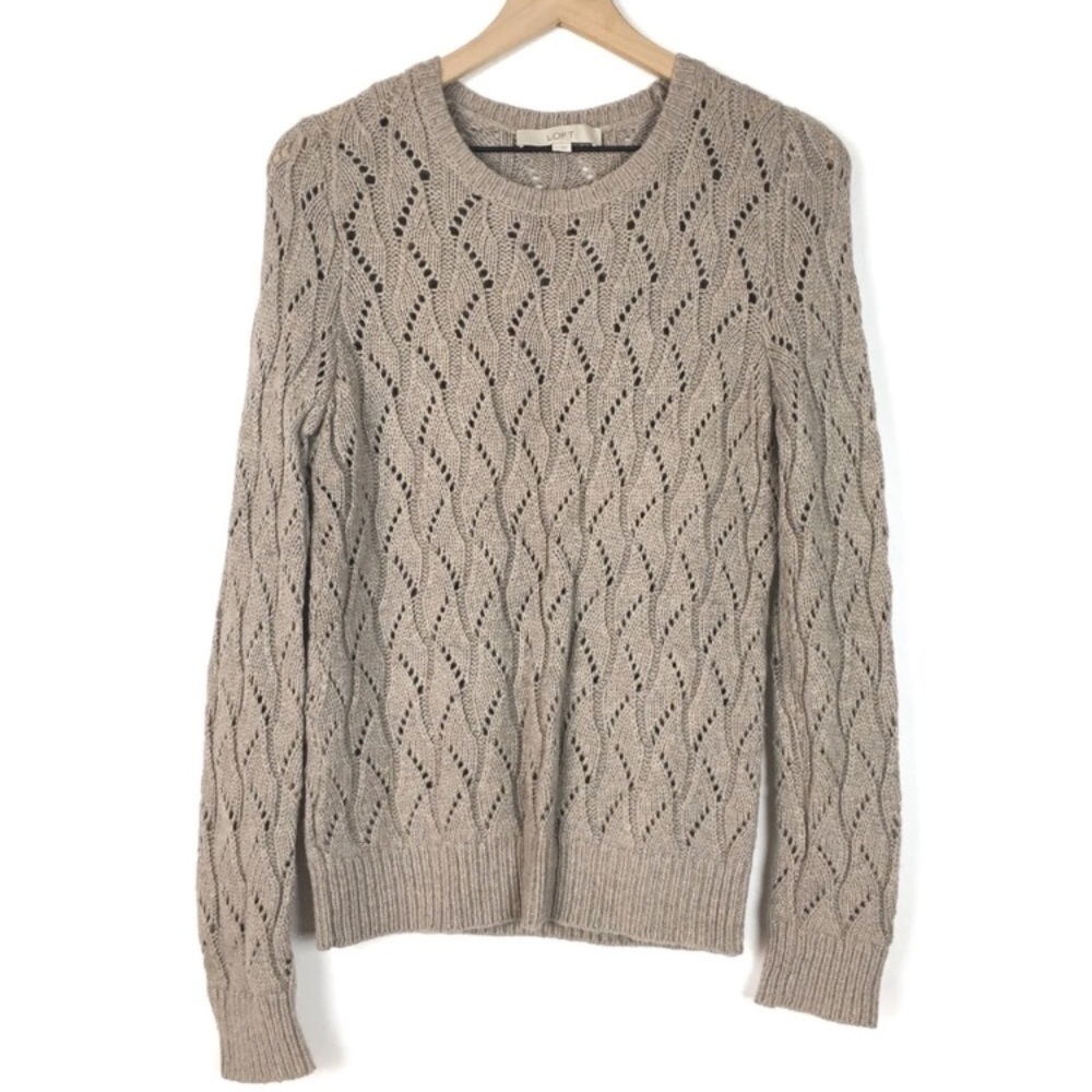 LOFT Sweater Wool Rabbit Hair Loose Pointelle Knit Minimalist Neutral Medium